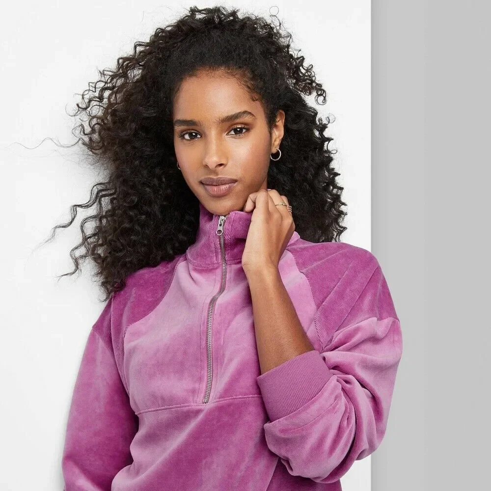 Wild Fable Quarter‎ Zip Sweatshirt Medium Purple Velour Jacket Relaxed Fit Layer - Picture 10 of 12